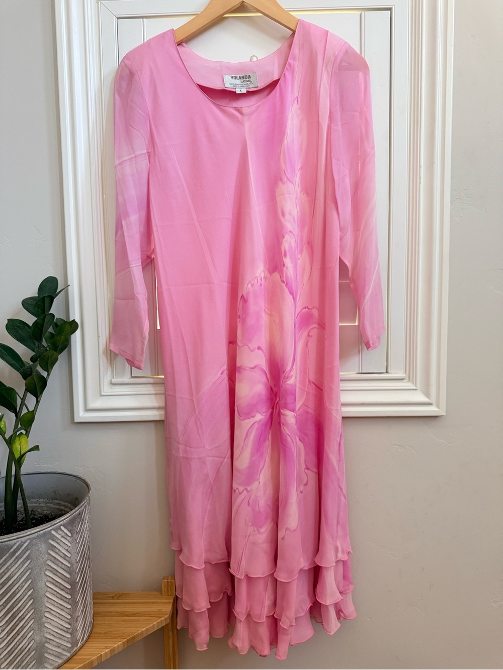 Yolanda Pink Floral Layered Hem Dress - Size Large